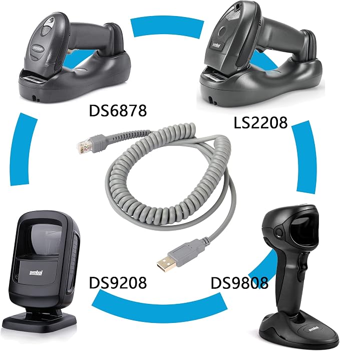 SinLoon Symbol Ls2208 USB to RJ45 Coiled Spiral Extension Cable10ftGrey | Compatible with Barcode Scanner Ls1203 Ls4208 Ls4278 Ds6707 Ds6708