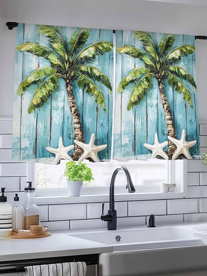 Sheer Curtains 45 Inch Length, Coastal Beach Starfish Semi Sheer Curtains Light