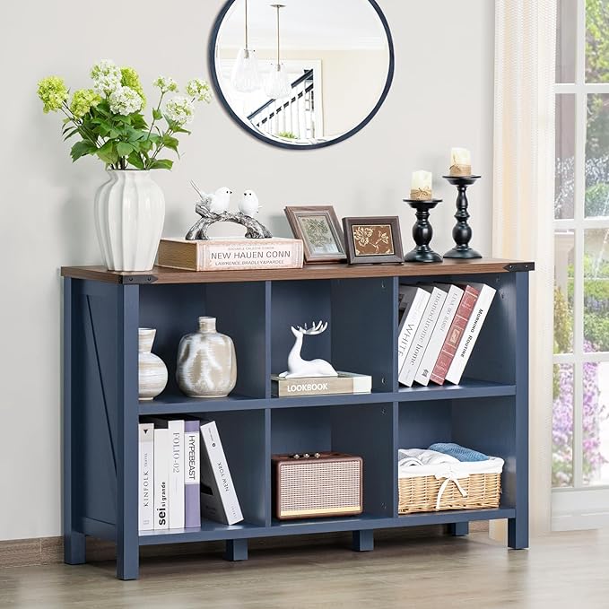 6 Cube Bookcase, Farmhouse Wood Low Storage Organizer Book Shelf, 47" Horizontal Navy Blue Console Bookshelf with Legs, Hallway Book Case for Entryway, Display Cabinet for Living Room, Office
