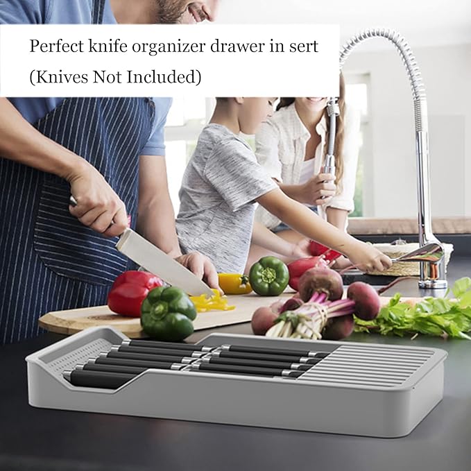 Mulikeer Expandable Drawer Knife Insert Organizer - Plastic Knife Storage Tray for Kitchen Drawers, Adjustable to Fit 11 Knives & Utensils, BPA-Free, Ventilated, Space-Saving, Easy to Clean