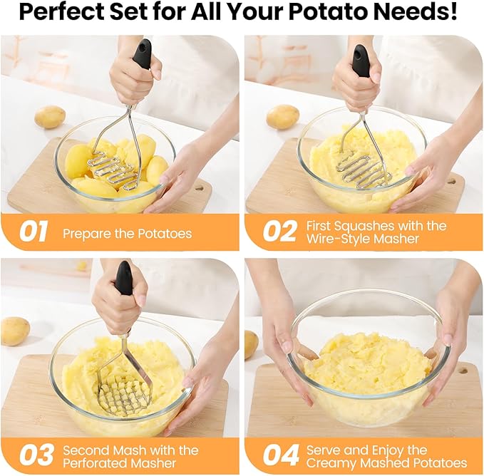2Pcs Potato Masher Set with Silicone Handle, Premium Stainless Steel Potato Masher, Integrated & Wire Masher for Potatoes, Avocado, Vegetables and Baby Food