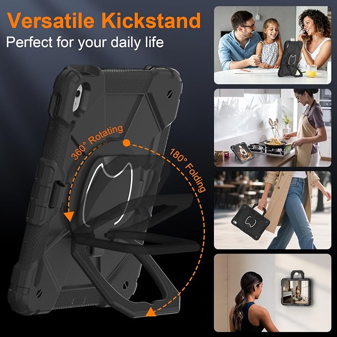Case for iPad A16 11th/10th Generation 11/10.9 Inch 2025/2022 Dinines Full-Body Drop Protection Shockproof iPad a16 Case with Screen Protector 360° Rotating Stand Shoulder Strap Pencil Holder Black