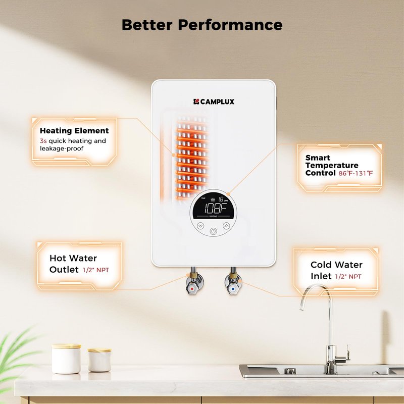 CAMPLUX Tankless Water Heater Electric 120V, 4500W Point of Use Instant Hot Water Heater, Save Space for Sink Wall Mounted LED Digital Display CSA Certified