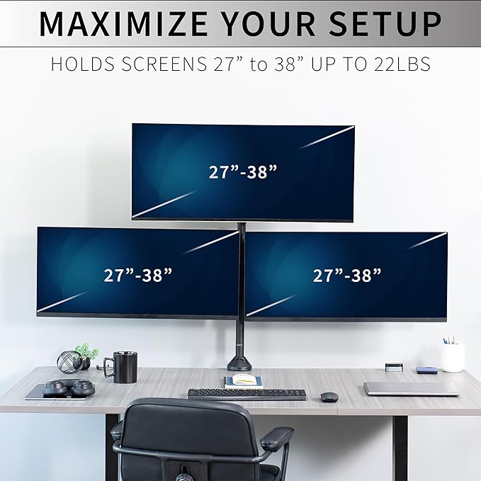 VIVO Premium Triple Ultra Wide LCD LED 27 to 38 inch Monitor Desk Mount, Heavy Duty C-clamp, Extra Tall Pole, Adjustable Telescoping Arms, Flush Wall Setup, Fits 3 Screens, Black, STAND-TS3CT