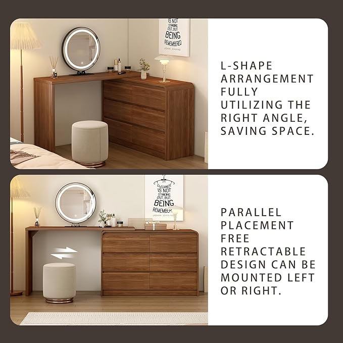 Makeup Vanity Desk with Full Aluminum HD Lighted Mirror, 50-90in Extendable Modern Dressing Table, 6-Drawer Storage Cabinet with Rounded Anti-Collision Corners, Bedroom Vanity, Brown