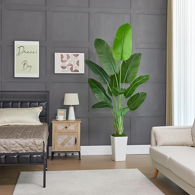 Birds of Paradise Plant Artificial, 6.6FT Fake Plant Faux Banana Leaf Tree with 15 Banana Leaves, Lifelike Tall Fake Tropical Palm Indoor Silk Floor Plant in Black Pot for House,Office,Room,Home Decor