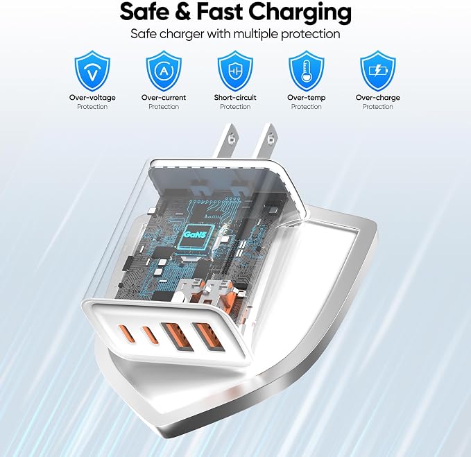 2 Pack USB C Charger Block 60W 4-Port GaN5 Super Fast Phone Charger Type C Charging Block PD 20W &amp QC 20W with 6.6FT USB C Cables for iPhone 17 Air/17/16/15 Pro Max Samsung Galaxy S24