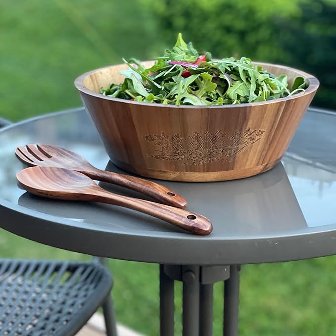 Large Wooden Salad Bowl Set, Eco-friendly Wooden Bowl, Handcrafted Acacia Wood Salad Bowl for Kitchen & Dining