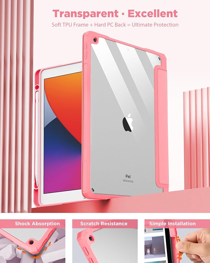 TiMOVO Case for iPad 9th/8th/7th Generation 10.2 inch Black | Pencil Holder Slim Trifold Stand Protective Cover Clear Transparent Back Shell Auto Wake/Sleep