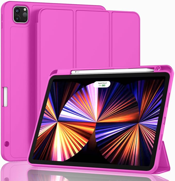 New iPad Pro 11 Inch Case 2022(4th Gen)/2021(3rd Gen)/2020(2nd Gen) with Pencil HolderSmart iPad Case [Support Touch ID and Auto Wake/Sleep] with Auto 2nd Gen Pencil Charging (Deep Pink)