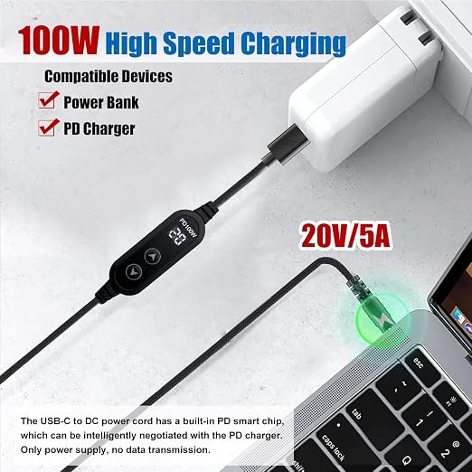 100W USB C to DC Charger Barrel PD Trigger Cable with 8 DC Conversion Heads and LED Display Screen DC 5V/9V/12V/15V/20V to DC Adapter Cable for Netbook Tablets Led Light Routers (3.9ft)