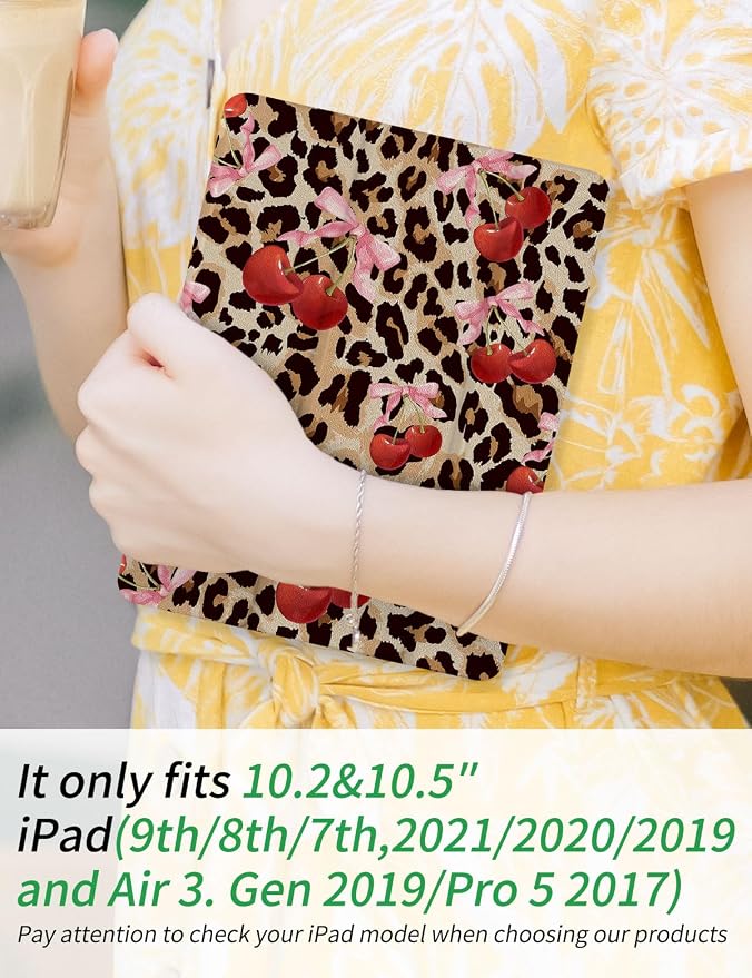 Case for iPad 9th/ 8th/ 7th Generation Case 10.2&amp10.5 Inch (2021/2020/2019 Release) Slim Lightweight Soft Trifold Back Cover with Pencil Holder &amp Auto Sleep/Wake Cover Cherries Cheetah Bows