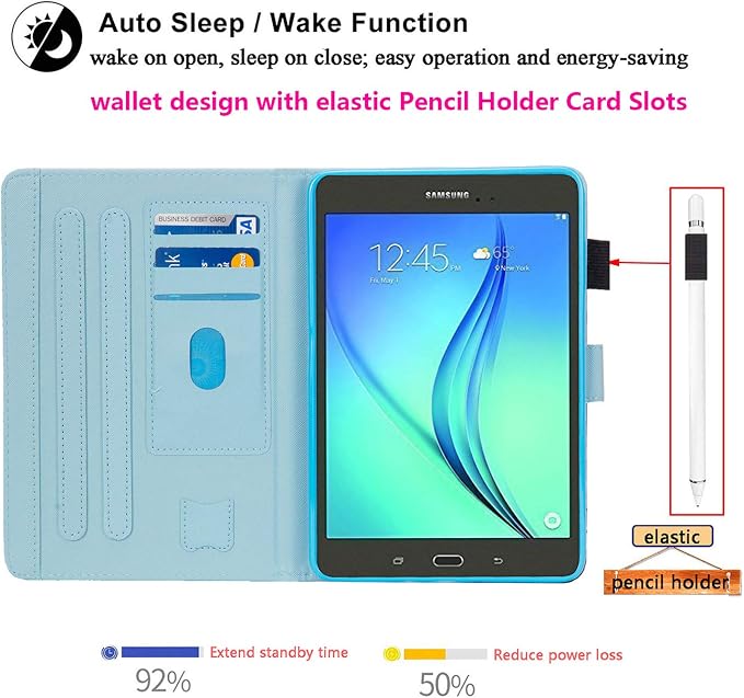 Case for Samsung Galaxy Tab A 8.0 inch Tablet Case 2015 (Model SM-T350/T355/P350/P355) with Pencil Holder [Auto Sleep/Wake] Stand Folio PU Leather Shockproof Cover Magnetic Smart WalletNight