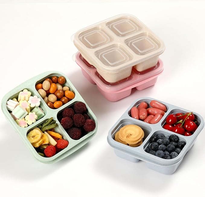 4 Pack Meal Prep Containers, 4 Compartment Bento Snack Boxes, Reusable Divided Lunch Box Containers for Adults, Kids, Toddlers, Travel, Work, School