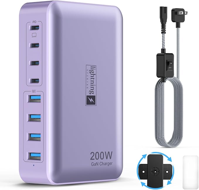 8-Port Multi Charging Stations 200W with Flat Plug Braided Power Cord and On/Off Switch- USB Charging Hub for iPhone iPad MacBook and More- 65W C Port Power Adapter for Laptops