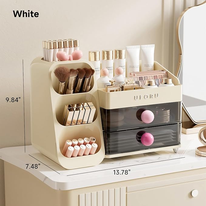 Makeup Organizer for Vanity with Brush Holder, Countertop Organizer with 2 Drawers, Spacious Cosmetic Display Case for Beauty Essential, Skincare, Lipstick