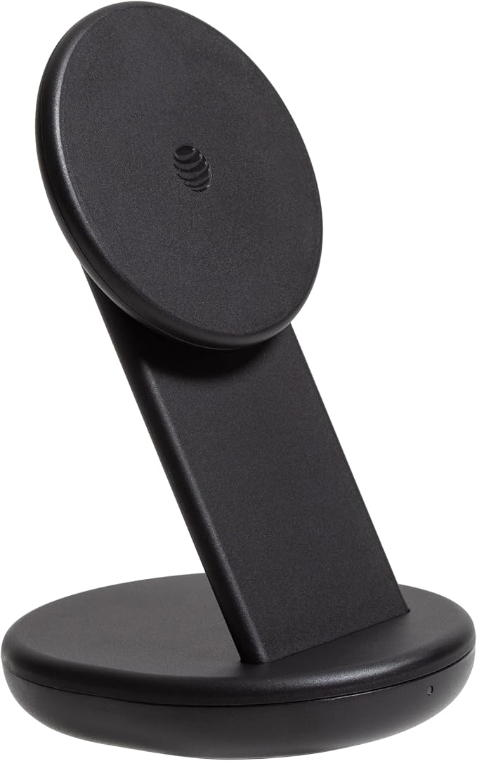 AT&ampT 15W Wireless Charging Stand – USB-C PD Fast Charger with Magnetic Snap-On Alignment Portrait/Landscape Viewing Support Compact Case-Friendly Design Qi-Enabled Charging – Black