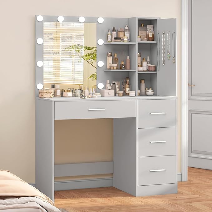 usikey Makeup Vanity with Lights, Vanity Desk with Mirror and 10 LED Lights, Vanity Table Set with 4 Drawers, Cabinet & 4 Necklace Hooks, Dressing Table for Bedroom, Grey