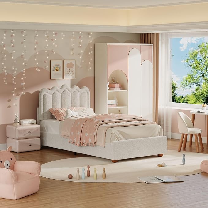 Twin Bed Frame with Headboard, Boucle Bed Frame, Soft Upholstered Platform Cloud Bedframe with Footboard, Solid Wood Legs, Solid Wooden Slats Support, No Box Spring Required, Easy Assembly