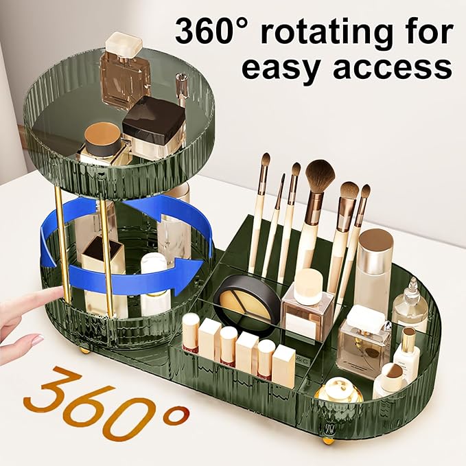 DASITON 360° Rotating Makeup Organizer for Vanity, 2 Tier Perfume Cosmetic Skincare Organizers with Makeup Brush Holder, Large Capacity Cosmetic Display Case for Bedroom Bathroom Countertop (Green)