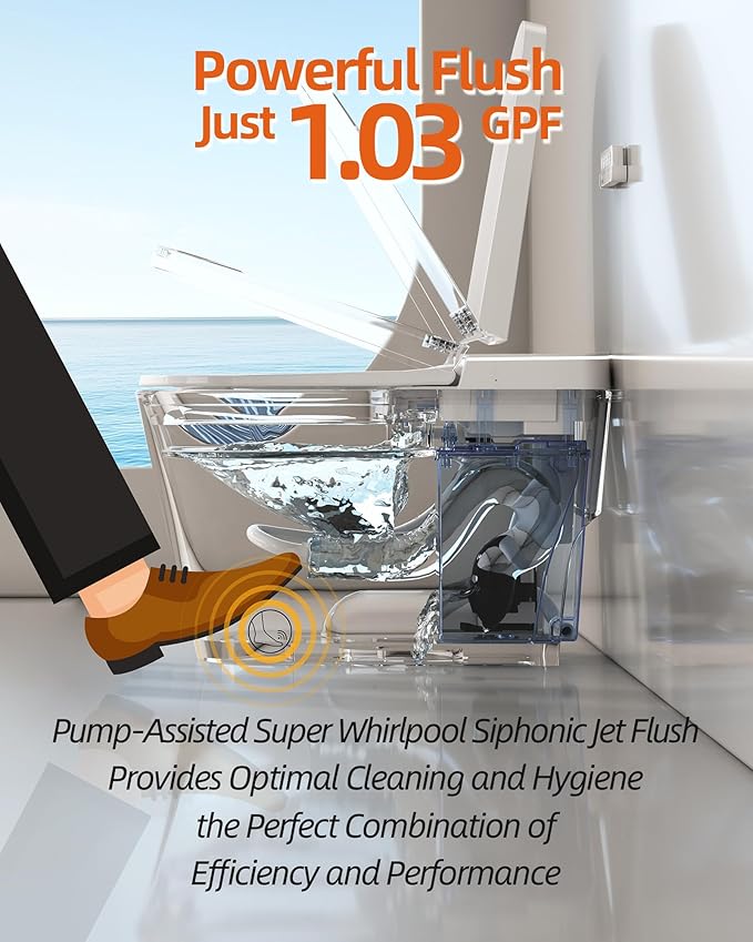 Luoware Smart Toilet with Bidet Built in, Luxury One Piece Elongated Bidet Toilet with Auto Close & Flush, Foot Sensor to Open/Close/Flush, Heated Seat, Massage Wash, Night Light, Remote Control