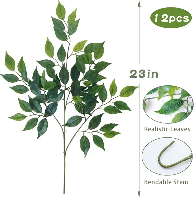 mizii 12pcs Artificial Greenery Stems Silk Green Leaves Fake 23in Ficus Garland Spray Plants Faux Greenery Decoration for Centerpieces Wedding Arch Flower Bouquet Table Home Decor (12)