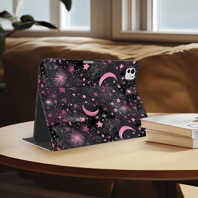 Stylish Case for iPad 9th/8th/7th Generation 10.2 2021/2020/2019Art Pink Starry Sky Textured Folio Case with Pencil Holder Multi-Angle View Adjustable Stand Auto Wake/Sleep Cover for Women