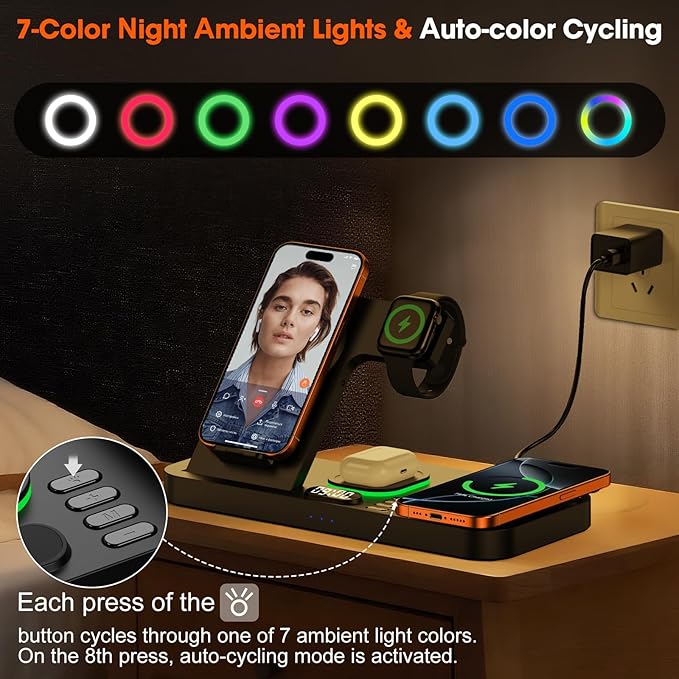 Dual Phone Magnetic Wireless Charging Station for Apple Devices/Apple Ecosystem,with Auto-Switch 7-Color Light & Clock, Compatible with iPhone 17/16/15, for iWatch 11/10/9 & AirPods Pro3（Black