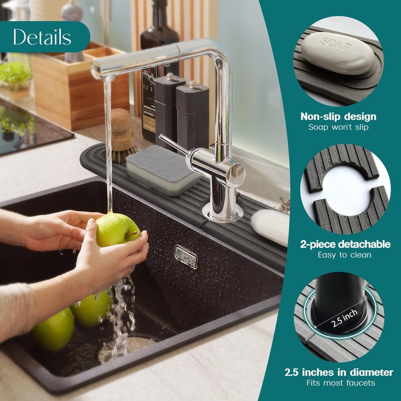 Dreatim Kitchen Faucet Absorbent Mat - Diatomite Stone Sink Tray, Quick Drying, Modern Design - Durable Faucet Drip Mat for Kitchen Sink and Bathroom Counter [17.7" x 3.9", Dark Grey]