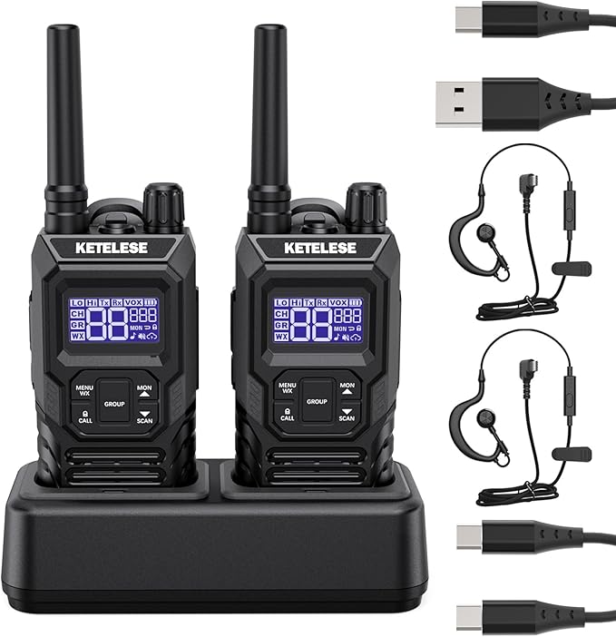 Ketelese T4 Walkie Talkies Long Range, IP67 Waterproof Dustproof Two Way Radio, Walkie Talkie Earpiece with Mic for Adult, USB, NOAA, VOX, Group Call, PTT(Black/ 2Pack)