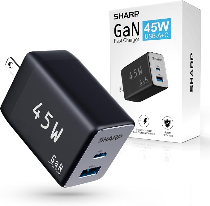 Sharp USB C Charger 45W 2 Port (USB A+C) Compact Foldable GaN Fast Charge for iPhone 15/15 Plus/15 Pro/15 Pro Max/14 Galaxy Pixel 4/3 iPad/iPad Mini - Black G451A1CU-BLK