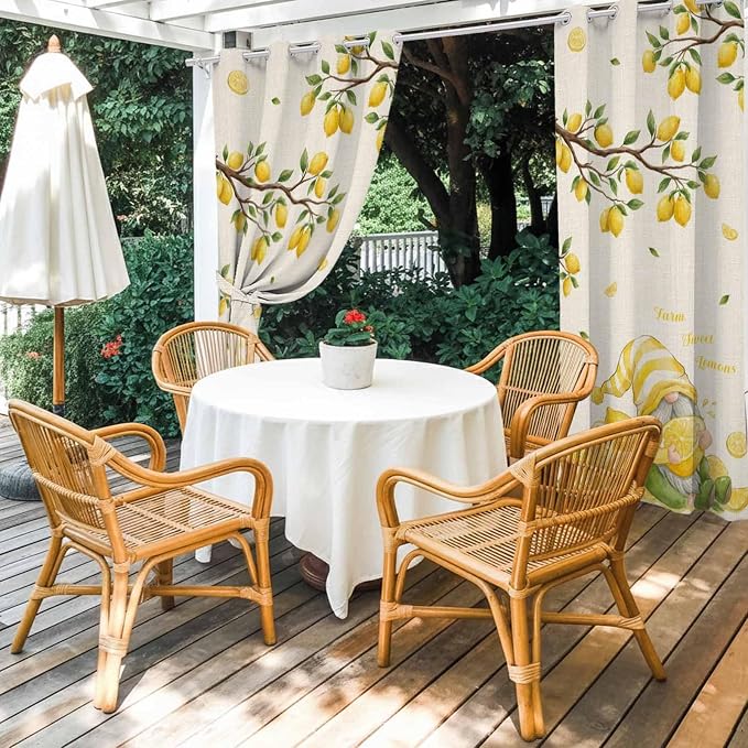 Summer Outdoor Curtains for Patio Lemon Gnome Leaf Linen Texture Waterproof