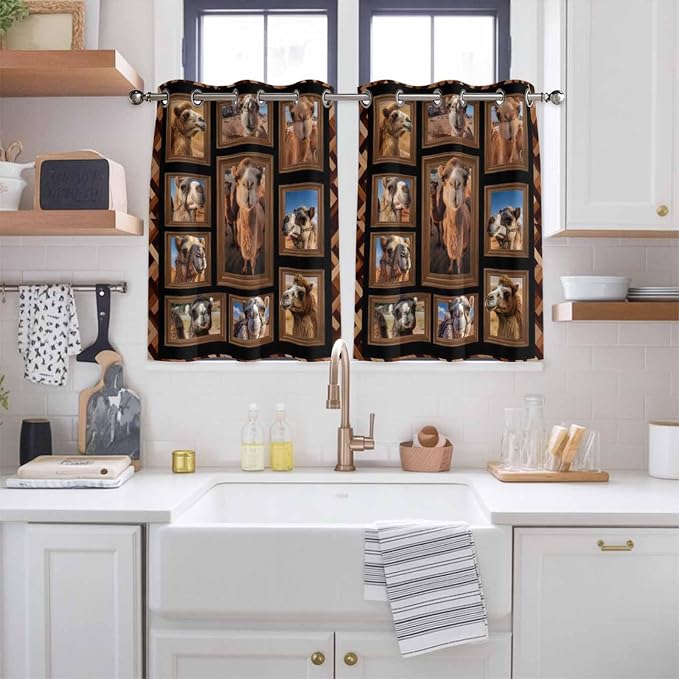 2 Panel Kitchen Cafe Curtains, Desert Camels Sunlight Filtering Nature Air