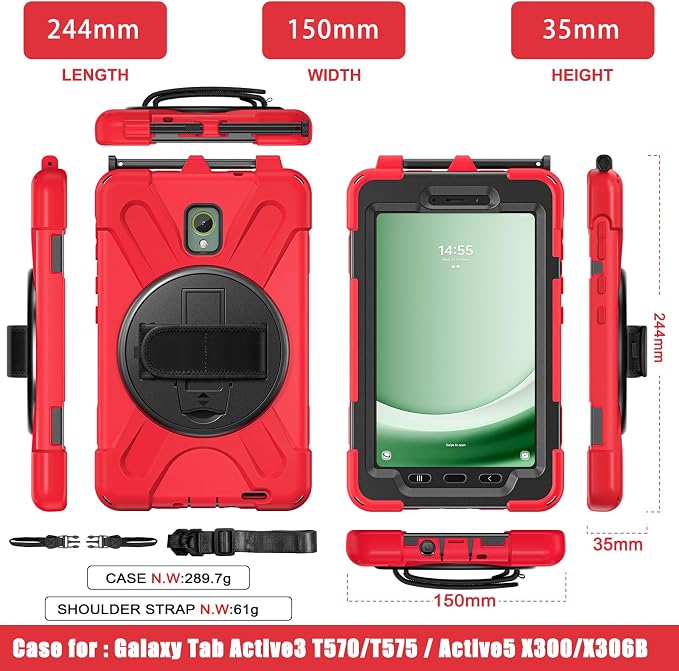Samsung Galaxy Tab Active5/Active 3 8.0 Case with 360 Stand Handle Hand Strap &amp Shoulder Strap for Galaxy Tab Active5 8 2024 X300/X307 Active3 8 2020 T570/T575/T577 (Black)