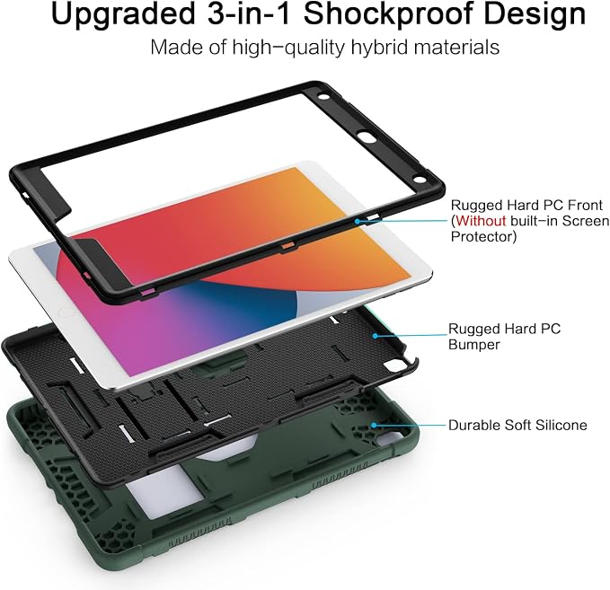 Azzsy Case for iPad 9th Generation/iPad 8th Generation/iPad 7th Generation (10.2 Inch 2021/2020/2019 Model) Heavy Duty Shockproof Rugged Protective Case for iPad 10.2 inch Alpine Green