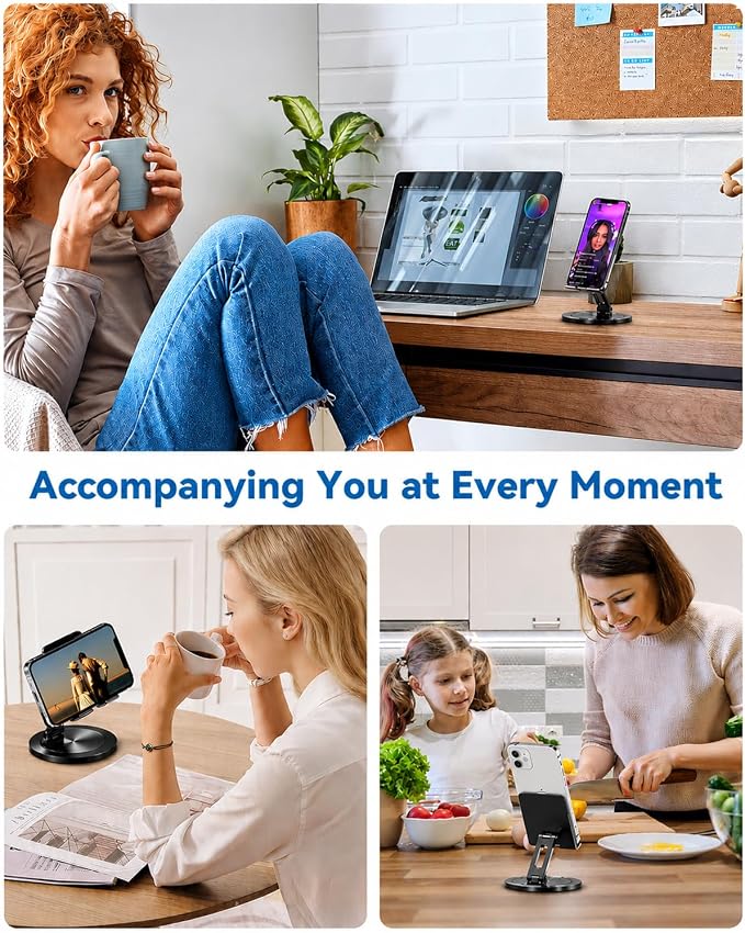 Phone Stand for Desk 360° Rotating Dual Adjustable Foldable Cell Phone Holder Heavy Solid All-Aluminum Base Anti-Slip Stable Support for Home Office Study Fits iPhone Galaxy 4-8 Phones