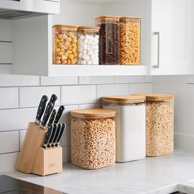ComSaf Glass Pantry Storage Containers, 4.6Qt/1.6Qt Large Square Flour and Sugar Containers with Airtight Lids, 1.2 Gallon Glass Jars with Bamboo Lids for Rice, Pasta, Cookies, Coffee Beans