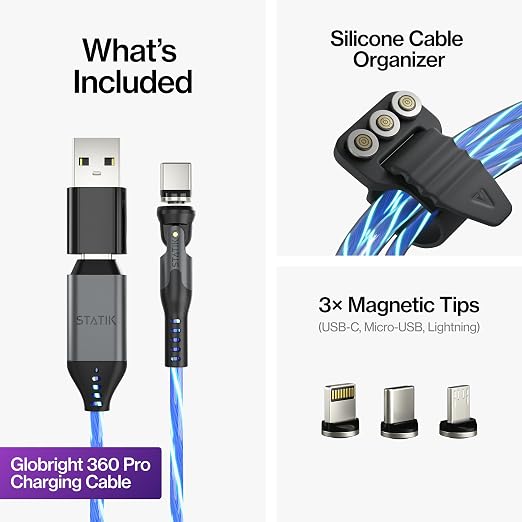 Statik 360 Pro Magnetic Charging Cable - Type C Charger Fast Charging 3 in 1 USB C to USB C Cable Micro USB &amp iProduct Tips USB A Adapter Fits All Devices - 100W Fast Charger Black 10FT/3M