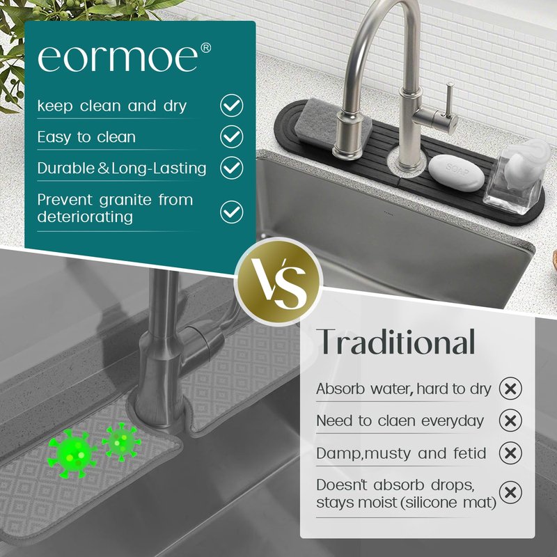 Dreatim Kitchen Faucet Absorbent Mat - Diatomite Stone Sink Tray, Quick Drying, Modern Design - Durable Faucet Drip Mat for Kitchen Sink and Bathroom Counter [17.7" x 3.9", Dark Grey]