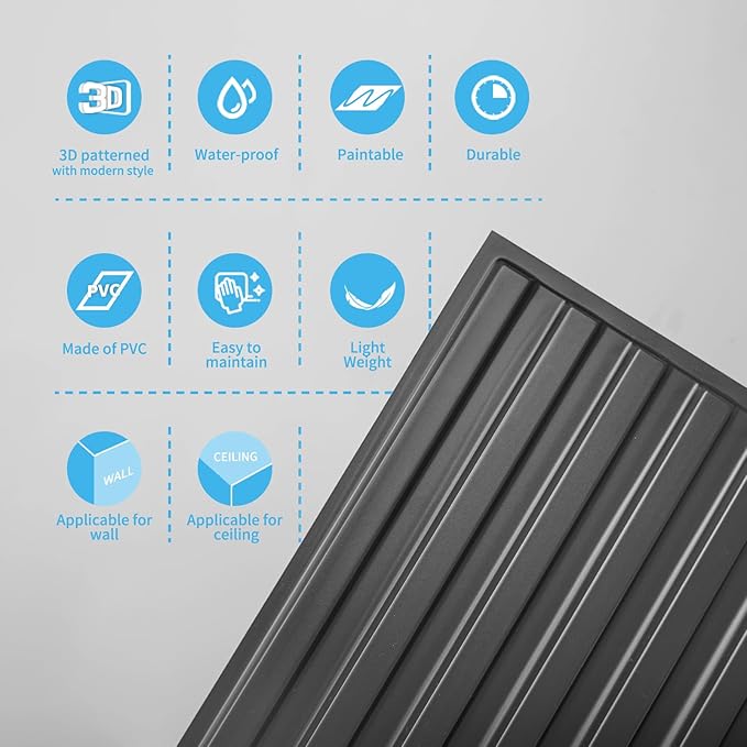 Art3d 6-Pack Slat Design 3D Wall Panels for Interior Wall Decor, 2x4 FT PVC Decorative Drop Ceiling Tiles - Black