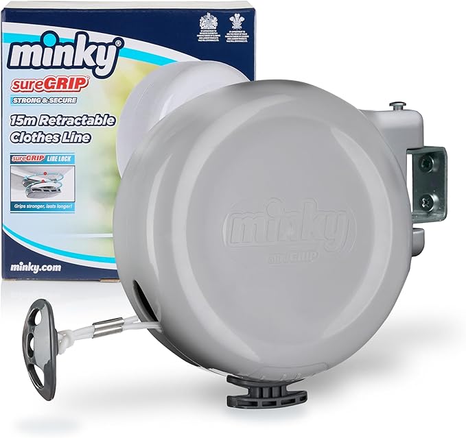 Minky Homecare Outdoor Retractable Clothesline - Heavy Duty PVC Coated Line - Energy and Space Saving Removable Laundry Drying Line - 49 Feet (Gray)