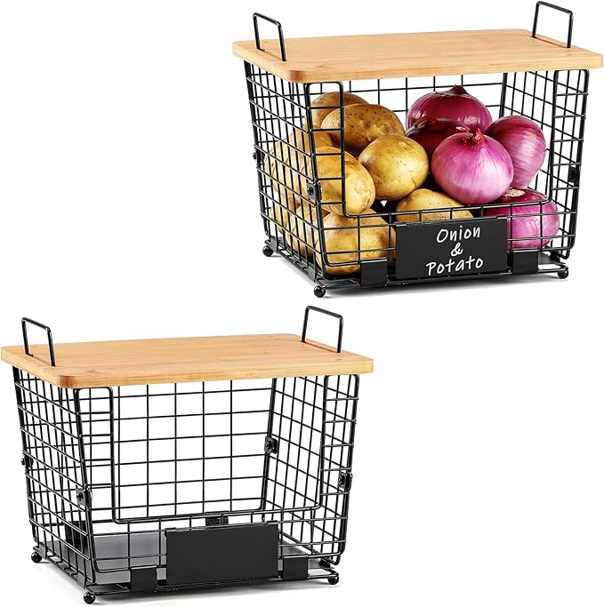 2 Set Large Stackable Wire Basket with Bamboo Tops & Tag- Pantry Organizer and Storage Bins, Kitchen Counter Cabinet Shelf Countertop Under Sink Organizing for Food Snack Produce Onion Potato Bread