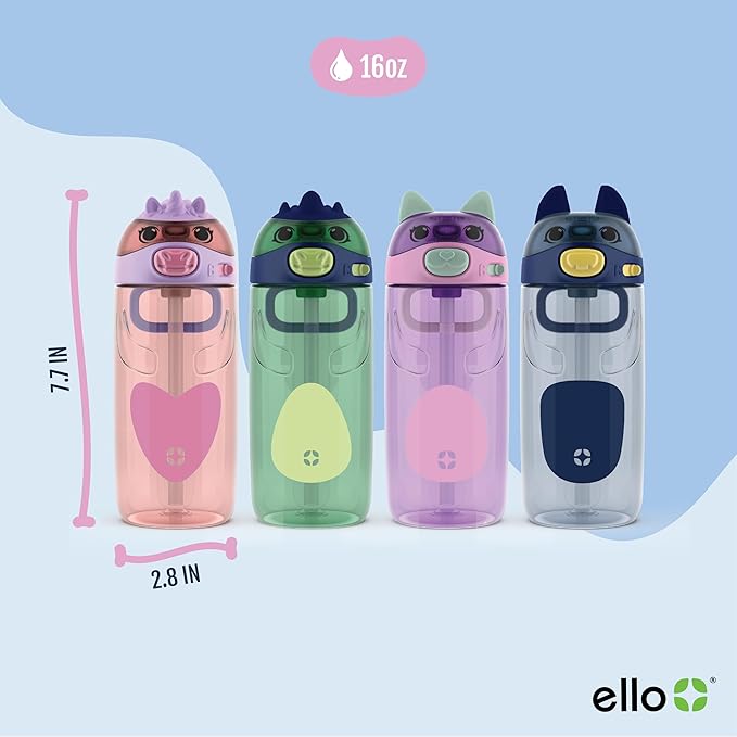 Ello Ellies 16oz Plastic Kids Water Bottle with Straw and Built-in Carrying Handle and Leak-Proof Locking Lid for School backpack, Lunchbox and Outdoor Sports, Cat