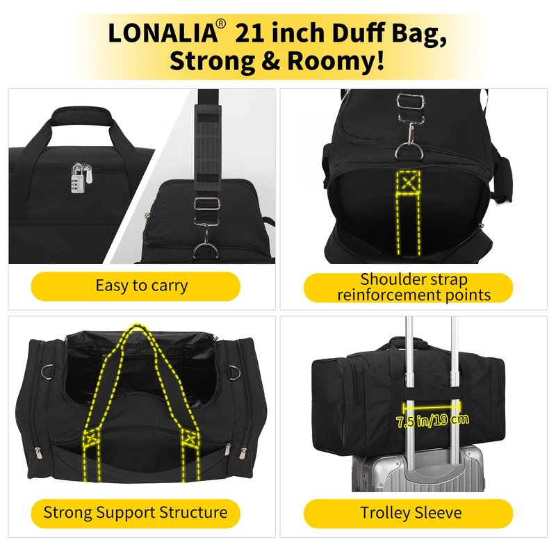 LONALIA Gym Bag Sport Duffle Bag for Men - 21 in Weekender Travel Bag with Trolley Sleeve (Black)