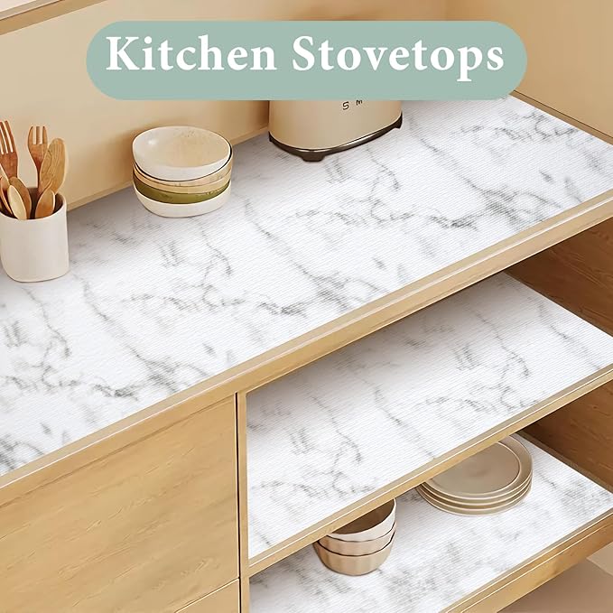 Drawer and Shelf Liner for Kitchen Cabinet: 23.6 in X 20 Ft Non Slip Waterproof Shelf Paper Non Adhesive Refrigerator Liners White Marble Easy Liners for Bathroom with Knife Tape Measure