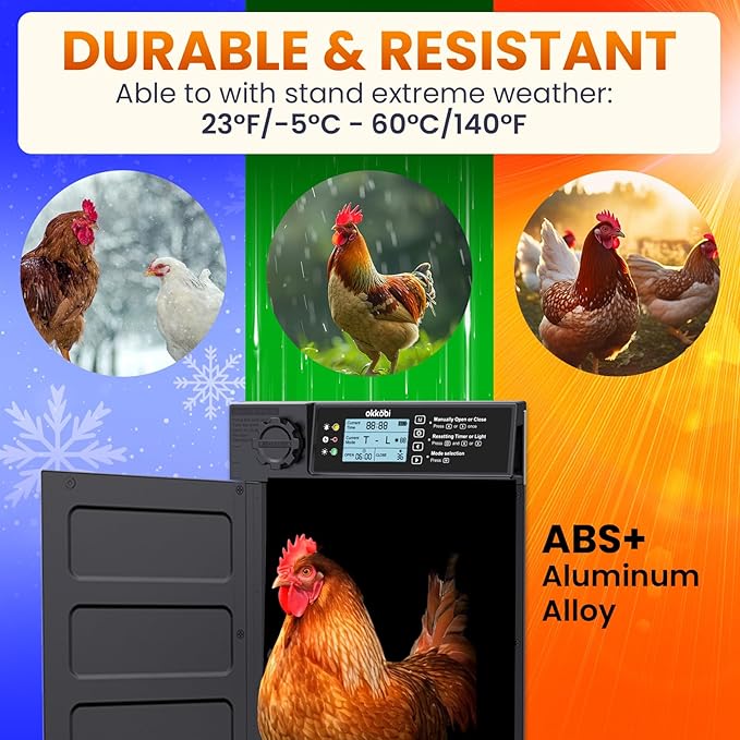 Okköbi Automatic Chicken Coop Door PRO - Light Sensor & Timer - Anti-Pinch Function - Wide Opening - New Model - Solar Powered with LCD Display - 5 Year Protection
