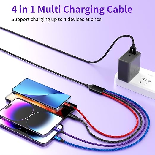 4 in 1 Multi Charging Cable 2 Pack 6FT Charging Cords for Devices | Nylon Braided USB C Car Charger Cable with Dual USB-C IP &amp Micro Ports Long Travel Charging Cord for Cars