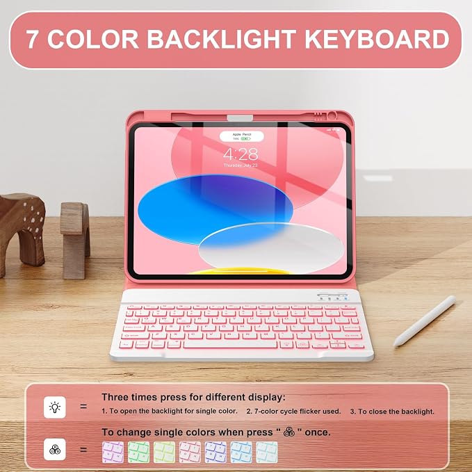 Soke for iPad (A16) 11th/10th Gen Case with Keyboard Black Marble | For iPad 11/10.9 inch(2025/2022) 7 Color Backlight Magnetic wireless Detachable Keyboard Case Built-in Pencil Holder