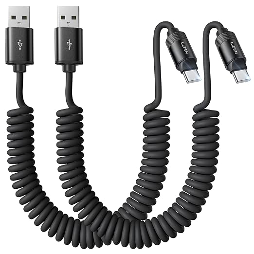 LISEN Chubby Cable Coiled Cable 2 Pack Car Play Cord | for Android Auto Short USB A to USB C Cable for iPhone 17/16/15 Samsung Galaxy S25/S24 A15/A14 Google Pixel 9/8 Blue 4FT