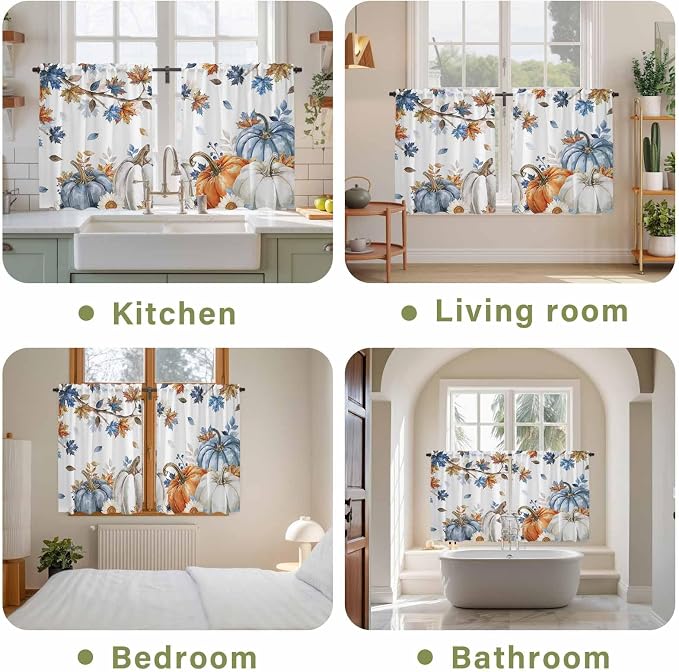 Navy Blue Pumpkin Fall Kitchen Tier Curtains 45 Inch Long 2 Panel Set, Rod